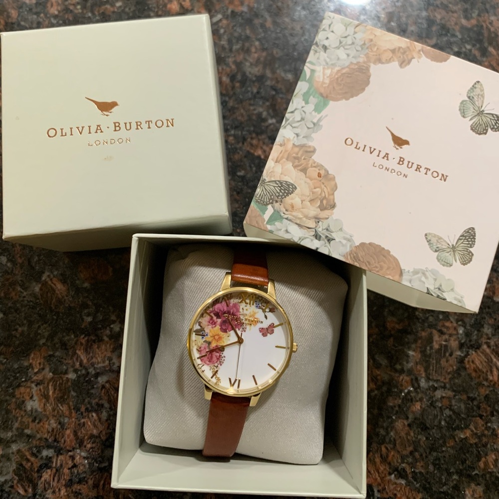 Olivia Burton floral gold watch and brown band
